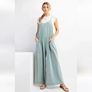 Easel Dusty Blue Mineral Washed Cotton Jumpsuit New